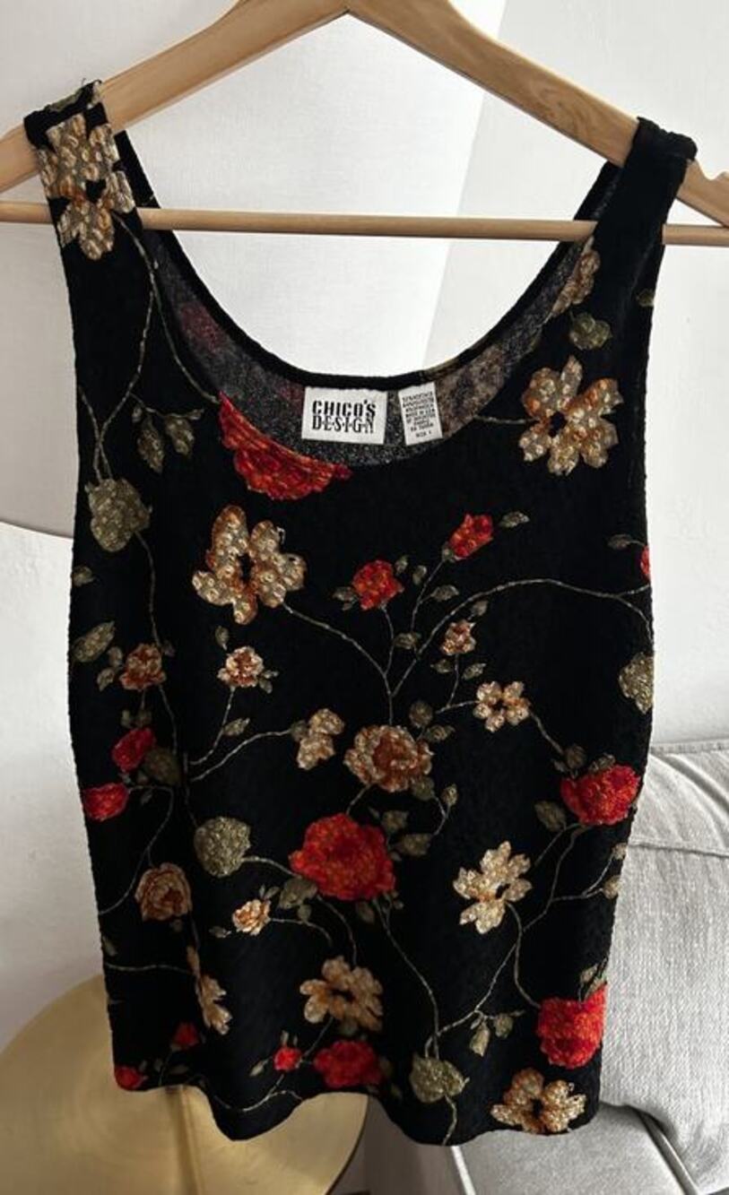 Vtg Y2K Floral Stretch Tank Top Size 1 90’s Fairy Retro Black